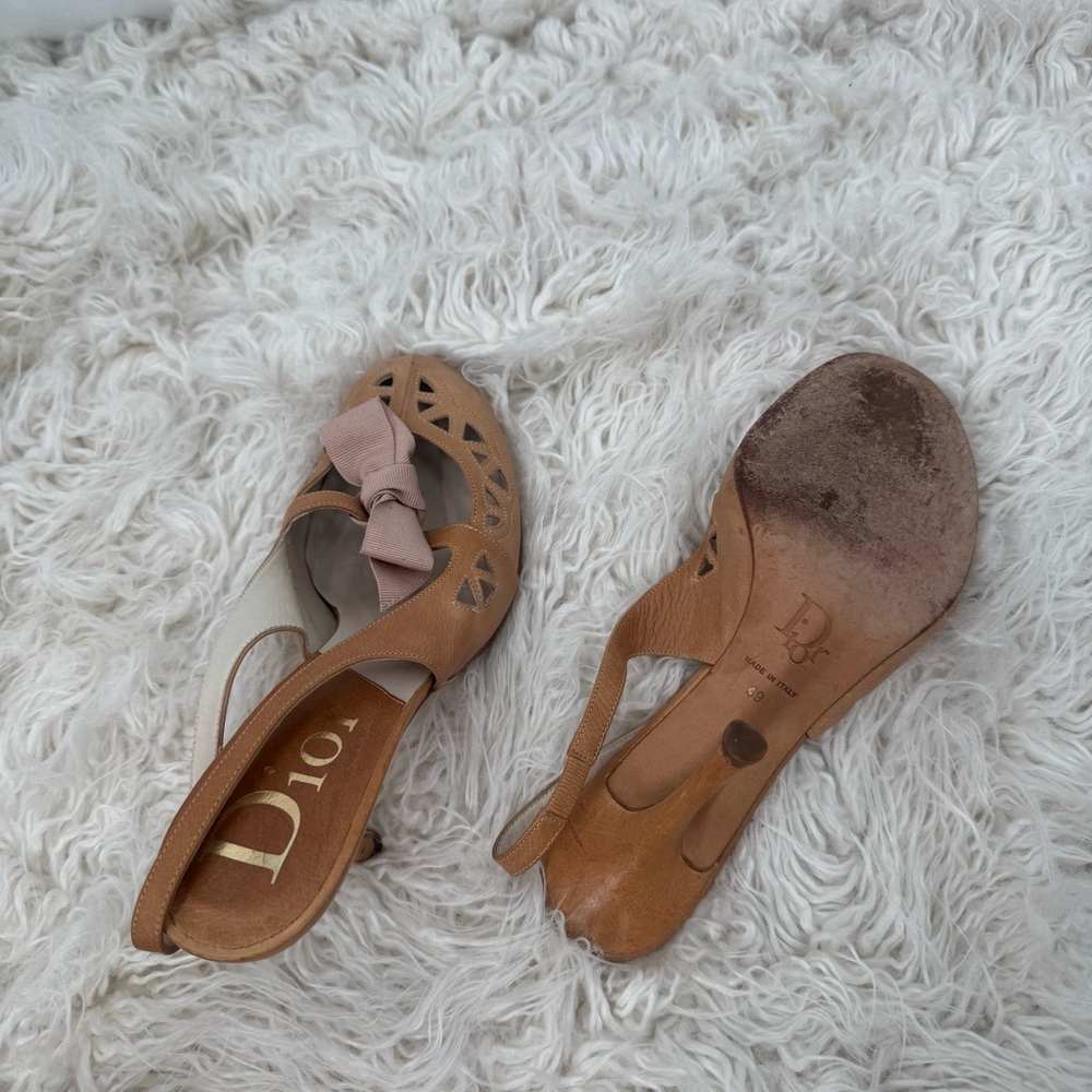 Vintage Christian Dior Tan and Pink Heels with Ribbon Bow - Picture 12 of 14
